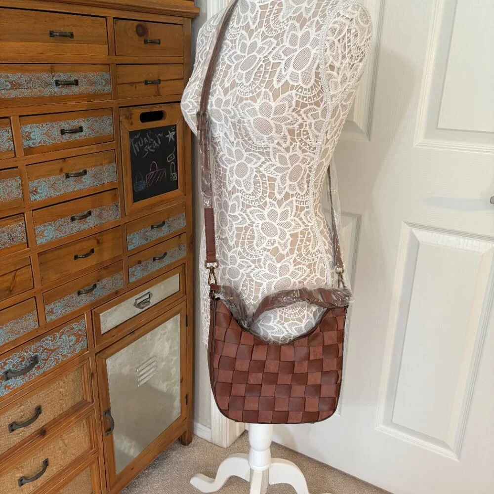 Time and Tru - Alice Crossbody Woven Vegan Brown Leather Hobo Bag - NWOT